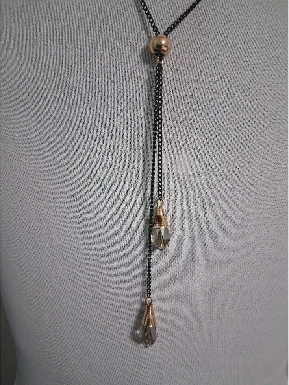 Lariat Black Chain Necklace, 2 Teardrop Smoky Topaz Crystals, 19" Lobster Clasp